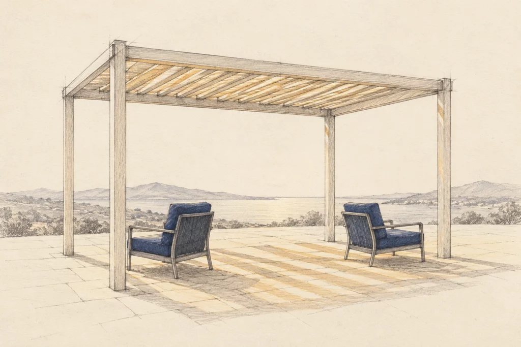 Deux fauteuils bleu nuit orientés différemment sous une pergola commune, sur une terrasse ivoire traversée de lumière dorée.